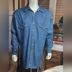 Big Mac Authentic Workwear Distressed Denim Pearl Snap Button Shirt - Size XXLT